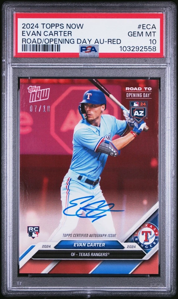 2024 Topps Now Road to Opening Day Evan Carter Red On-Card Auto /10 RC PSA 10 - Image 1 of 2