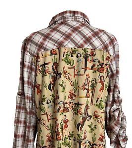 Fashion Express Womens Western Shirt Size Large Cowgirl Pinup Horses Tab Sleeves