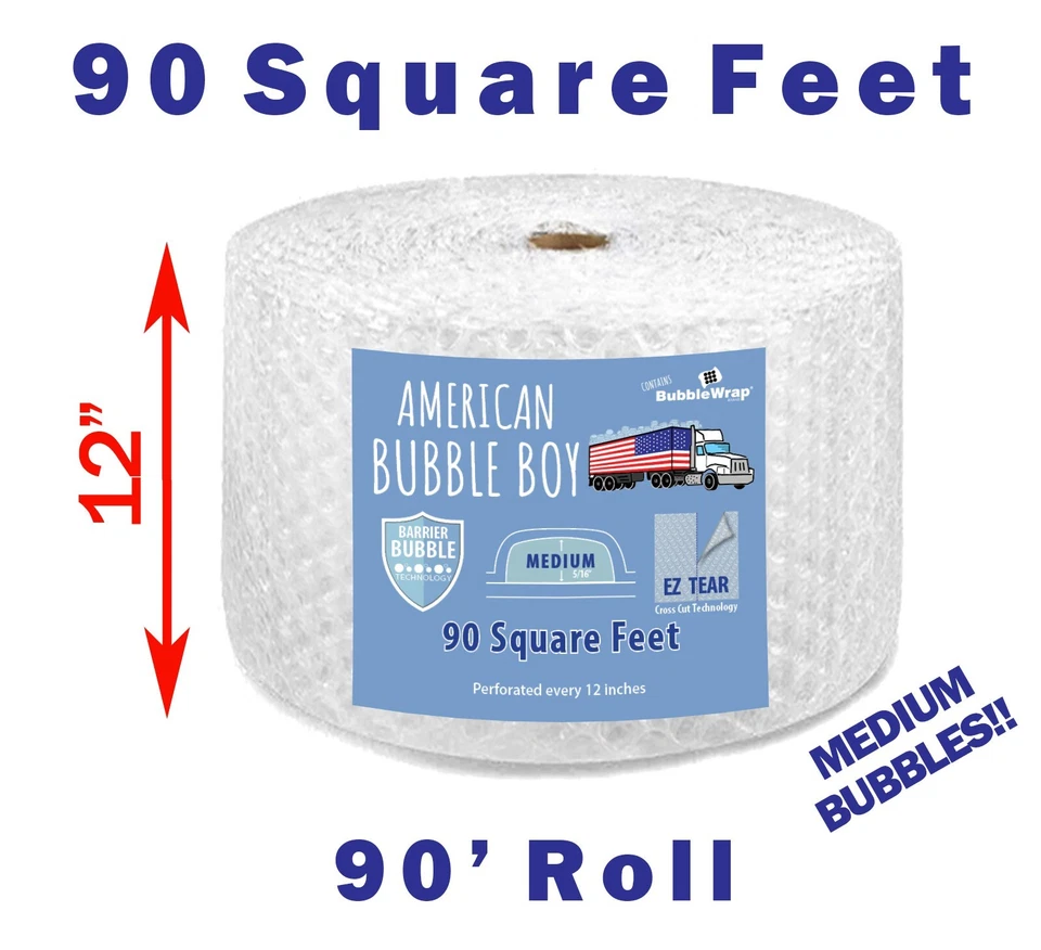 12" Medium (5/16) American Bubble Boy Bubble Wrap - 90 Square feet - Image 1 of 1