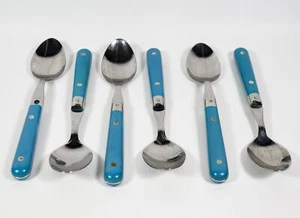 Set of 6 Life Time Soup Spoons with Aqua Blue Riveted Handle Stainless Thailand - Picture 1 of 3