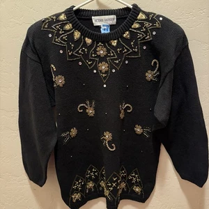 Victoria Harbour Pullover schwarz Pailletten Strass Blumen Ramie/Baumwolle Größe M - Bild 1 von 9