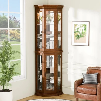 Vitrina Esquinera Iluminada 70" H, Vitrina de Almacenamiento de Madera con Temperatura... Foto 1 de 4