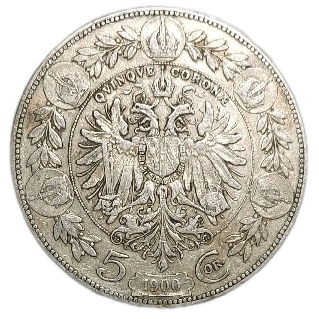 1900 Império da Áustria 5 Corona Moeda de Prata Antiga Franz Joseph I KM 2807 ASW 0,6945 Oz - Imagem 1 de 3