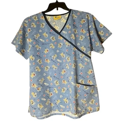 Scrubs Station Scrub Top MEDIUM  Blue Puppies Dogs Hearts  “Let’s Dance” Pockets - Image 1 of 4