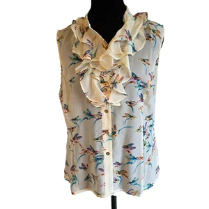 Tahari Arthu Levine Blouse Top Hummingbirds Ruffles Sheer Button Size Petite S - Picture 1 of 7