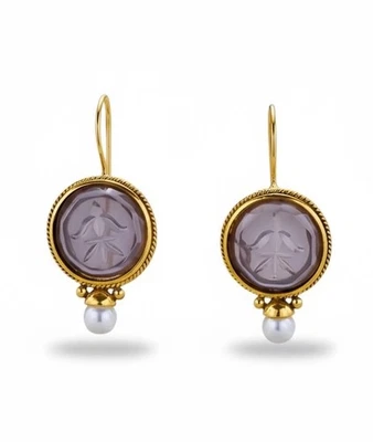 Museum Edwardian Intaglio Earrings Purple Pearl Gold Cameo Flower Geometric - Image 1 of 4