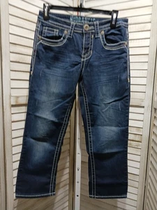 Hydraulic Womens Capri Pants Size 6 Blue Denim Distressed Embroidered Pockets - Picture 1 of 17