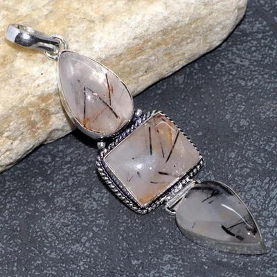 Colgante Largo Natural Rutilo Negro Chapado en Plata 925 3.3" Delicado Diseño Fino GW Foto 1 de 3