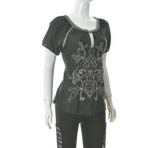 Odd Molly MUESTRA Mujeres Bordado Ranura Cuello Top Encaje Ribete Manga Corta Negro 1 - Imagen 1 de 6