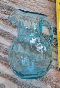 Art Glass Fenton Wright Aqua Teal Blue Optic Pitcher Vase Handle Ruffle Top 5.75 - Picture 1 of 5