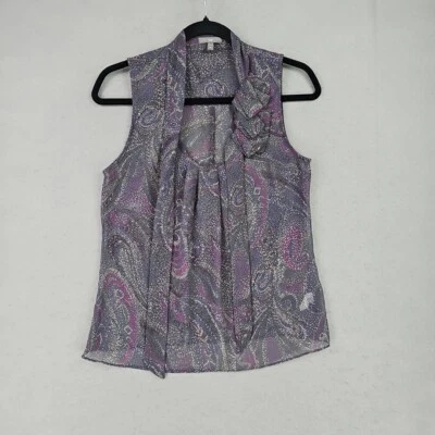 Gap Top Womens XS Purple Paisley Sheer Chiffon Pleated Scoop Neck Business Chic - Image 1 of 4