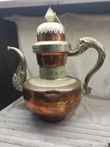 Antique Tibet Chased Silver over Copper  Coffee Pot Dragon Handle - Picture 1 of 14