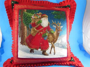 Father Christmas Santa Claus in forest Pillows Red pleated trim Hand Made cotton - Picture 1 of 5