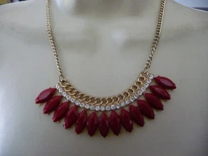 RED MARQUISE DANGLE STONES W RHINESTONE W GOLD TONE CHAIN BIB NECKLACE  #6/16 - Picture 1 of 5
