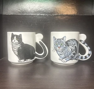 Vintage Chadwick Miller 1989 Black & Grey Tabby Cat Tail Handle Mug Set Taiwan - Picture 1 of 8
