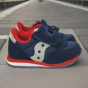 Saucony Jazz Toddler Boy Size 4 Hook Loop Sneakers Navy & Red Retro Style - Picture 1 of 5