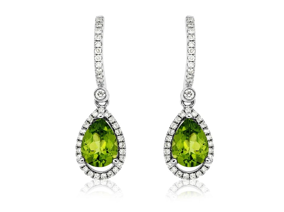 14k White Gold Drop Earrings with Pear-Cut Peridot & Diamond Accents, 3.0g - Image 1 of 1