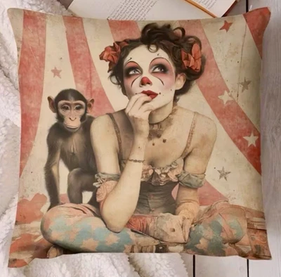 Funda de almohada con temática de circo circo dama y mono 18" atractivo vintage Foto 1 de 4
