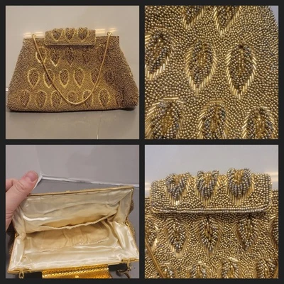 Bolso de mano vintage con cuentas doradas bolso de noche con mango de metal hojas años 60 Foto 1 de 4