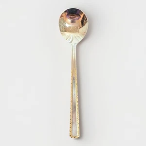 Cuchara de sopa de acero inoxidable 18/10 adorno dorado 7 pulgadas usada SBS Besteke de Alemania - Imagen 1 de 3