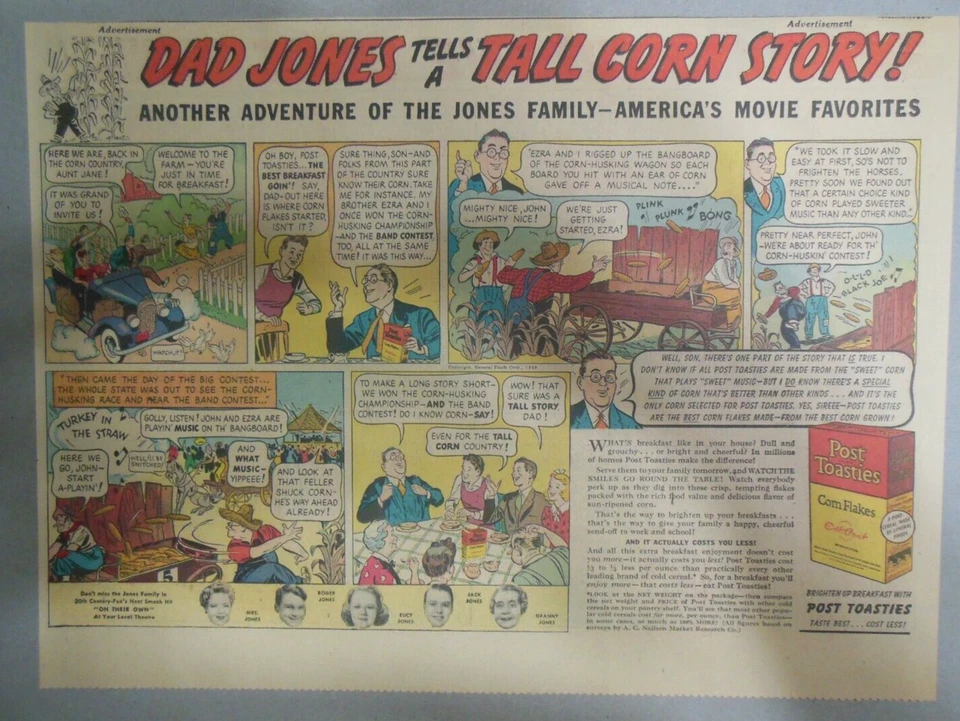 Post Cereal Ad: The Jones Family Post Toasties 1930's-40's Size: 11 x 15 inches - Image 1 of 1