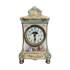 19thC Antique FRENCH Style VICTORIAN Era PORCELAIN Painting Old MANTEL CLOCK