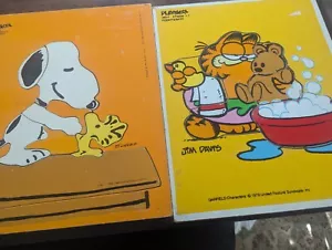 Lot Vintage Peanuts Wooden Puzzles Set Of 3 Snoopy, Garfield, & Snow White Dwarf - Picture 1 of 16