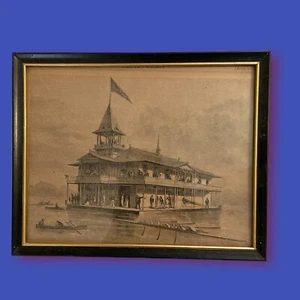 Antique 1875 Original 1875 Harper’s Engraving of Columbia University Boathouse - Picture 1 of 1
