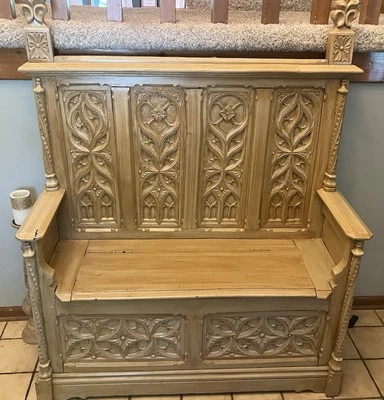 Antique French Gothic Revival Monk Bench/Settee Highly Carved 250+ Years Old - Image 1 of 4