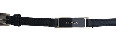Pulsera PRADA Cuero Esmalte Logo Negro Tono Plateado Unisex Diseñador Hecha en Italia Foto 1 de 4