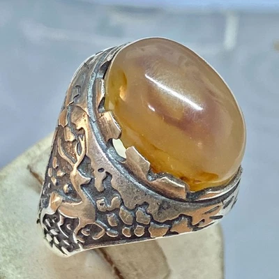 Винтажное мужское кольцо из стерлингового серебра 925 пробы с натуральным йеменским агатом камнем aqeeq عقيق مصور - Изображение 1 из 4