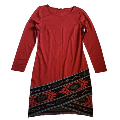 Spense Womens Knit Shift Dress Size 10 Maroon Native Pattern Long Sleeve Stretch - Image 1 of 4