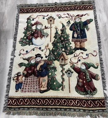 Manta de Navidad Vicky Howard tapiz tejido muñeco de nieve pájaros árboles Foto 1 de 4