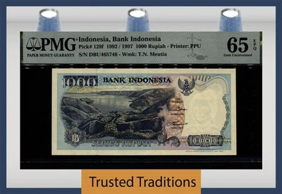 TT PK 129f 1992/1997 ИНДОНЕЗИЯ 1000 РУПИЙ PMG 65 EPQ ДРАГОЦЕННЫЙ КАМЕНЬ НЕ БЫВШИЙ В ОБРАЩЕНИИ - Изображение 1 из 2