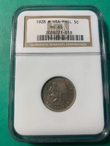 US PHILIPPINES 5 CENTAVO 1928-M NGC MS 63 - Picture 1 of 4