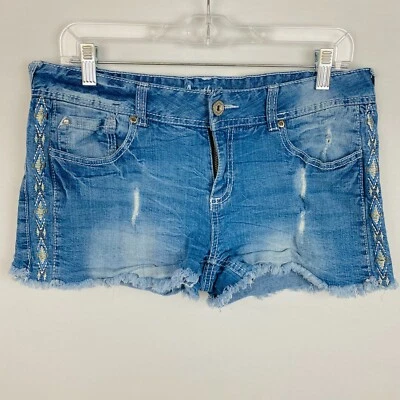 Amethyst Light Wash Juniors 13 Embroidered Tribal Accent Sides Fringed Hems - Image 1 of 4