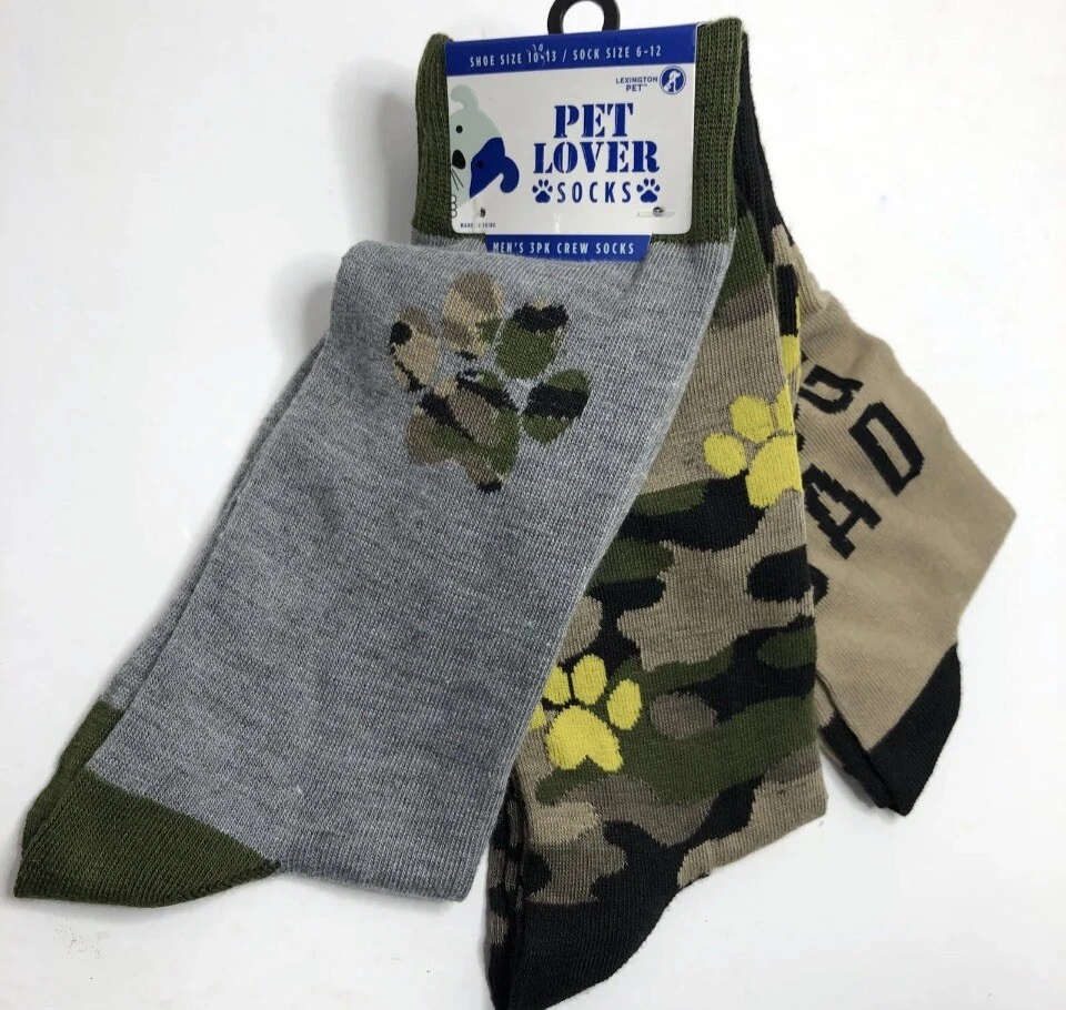 LEXINGTON PET LOVERS Mens Crew Socks 3 Pairs Size 6-12 Camo gray/tan multi