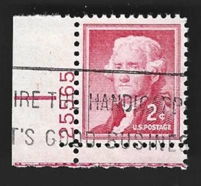 Sc#1033 2c Jefferson PLT. # single - Hire the Handicapped slogan cancel - (A-5) - Image 1 of 2