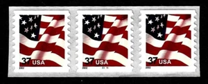 UNITED STATES, SCOTT # 3633, COIL STRIP OF 3 STAMPS WITH PNC #B1111, 2002 FLAG - Picture 1 of 1