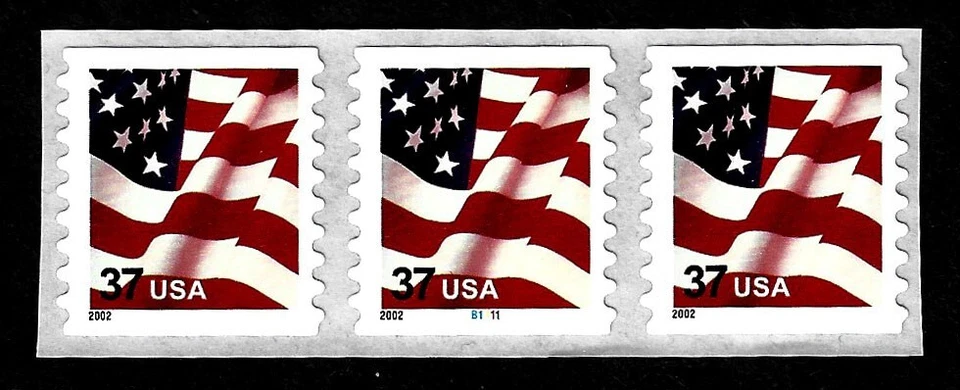 UNITED STATES, SCOTT # 3633, COIL STRIP OF 3 STAMPS WITH PNC #B1111, 2002 FLAG - Image 1 of 1