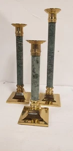 Vtg 1980's Set Of 3 Solid Brass & Green Marble Candlesticks 13-3/8" 11-5/8 9.75" - Picture 1 of 16