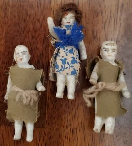 3 bambole antiche in miniatura bisque: 1 signora e 2 bambini 2” braccia posabili numerate - Foto 1 di 24