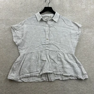 C&C California Blouse Womens Size Medium Gray Striped Short Sleeve 100% Linen - Picture 1 of 11