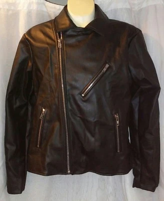 全新带标签 Killion Nostrand 黑色人造皮革全拉链摩托车夹克 尺寸 L — 第 1/4 张图片