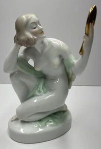Vintage HEREND Hungary Glamour Lady with Mirror Porcelain Figurine 9 1/2 - Picture 1 of 5