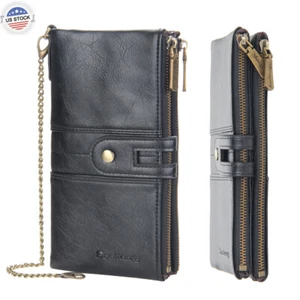 Men's RFID Leather Long Bifold Biker Wallet with Anti-Theft Copper Chain Wallet - Picture 1 of 25