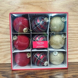Martha Stewart 9er Set Glas Weihnachtsschmuck Glitzer kariert rot gold Bedford - Bild 1 von 5