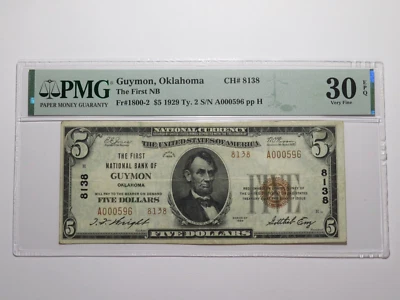 $5 1929 Guymon Oklahoma OK National Currency Bank Note Bill Ch. #8138 VF30 - Image 1 of 4