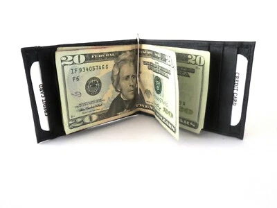 Cartera con clip para dinero plegable identificación tarjeta de crédito soporte para dinero cuero genuino negro para hombre Foto 1 de 4