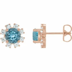 Blue Zircon & 1/4 CTW Diamond Earrings In 14K Rose Gold - Picture 1 of 2